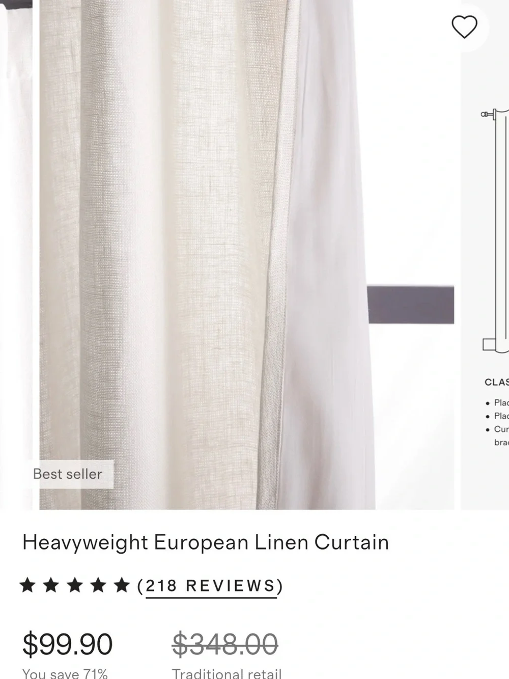 Quince European Luxe Heavyweight Linen Curtain in White (set of 2 panels) 48x96